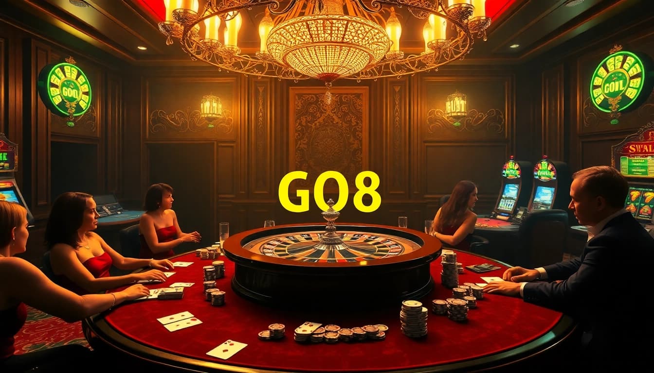 Experience the thrill of GO8 gaming at a sophisticated casino table surrounded by excited players.