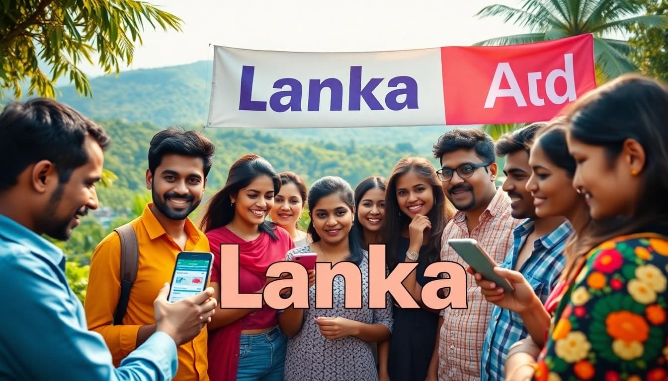 Lanka Ad advertisement scene with diverse people engaging with ads in Sri Lanka's natural landscape.