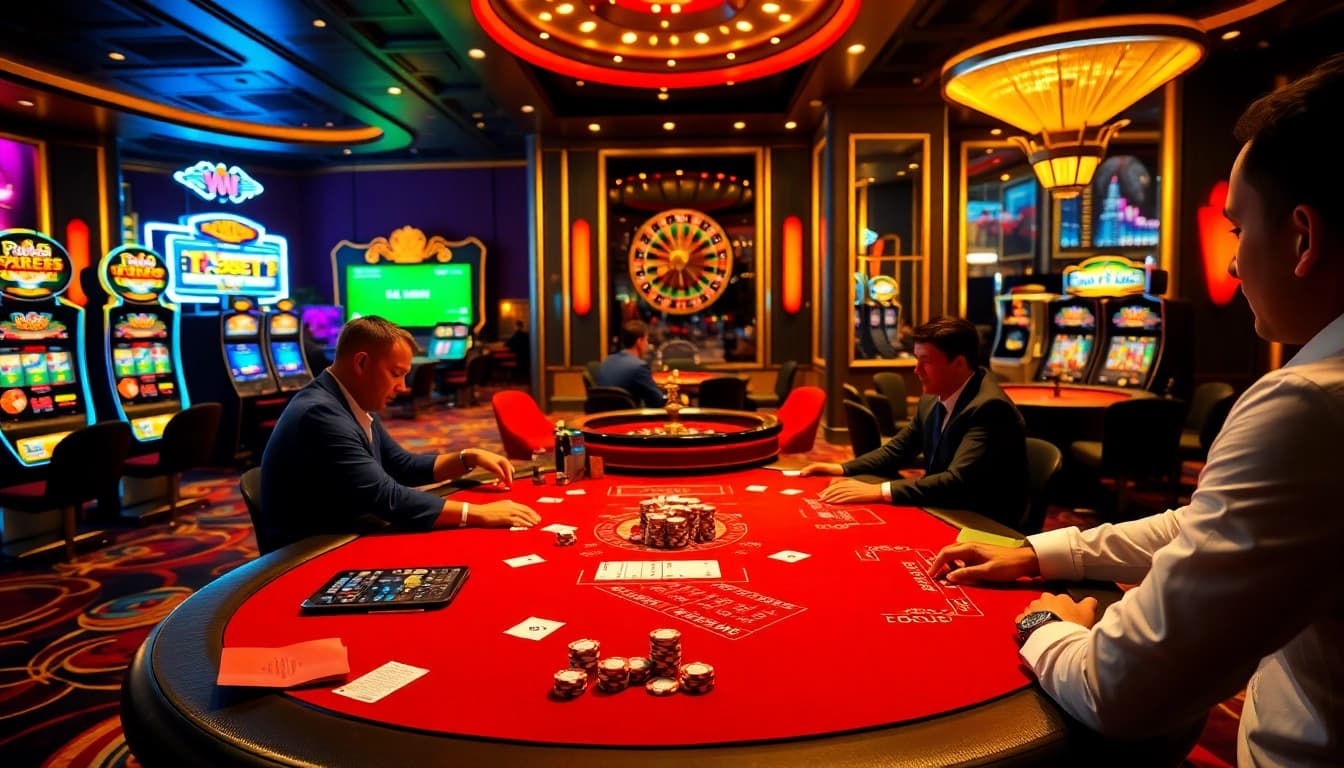 Engaged players at OK 365 casino tables enjoying games, showcasing excitement and professionalism.