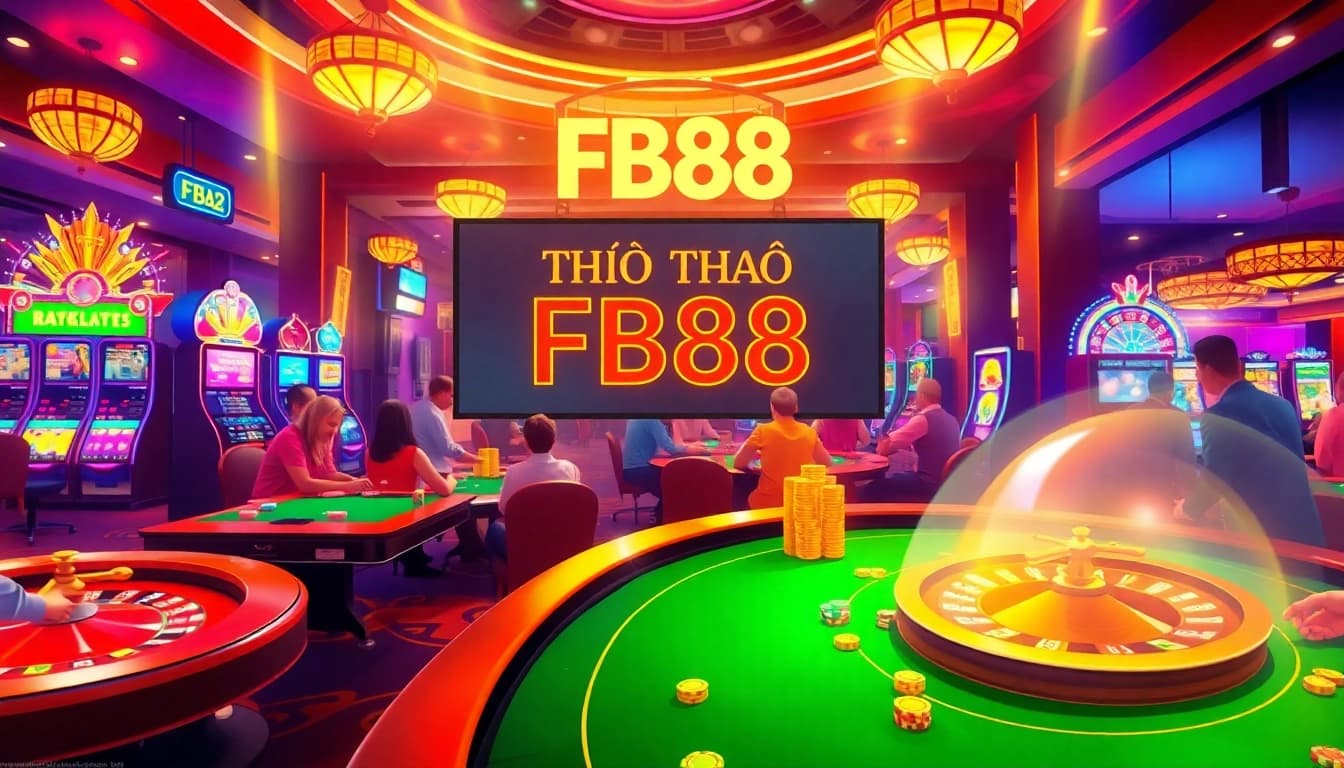 Enthusiastic gamblers at "Thể Thao FB88" tables, surrounded by colorful chips and slot machines, embodying the thrilling casino atmosphere.