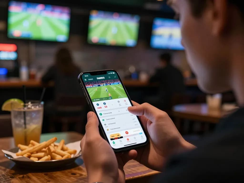 Engaging sports betting using the link da88 app on a smartphone during live games at a sports bar.