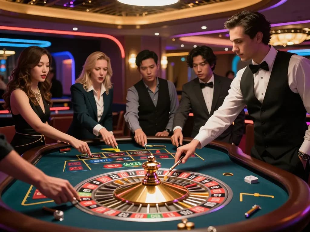 Players placing bets at a roulette table in the luxurious casino FO88, capturing the anticipation of the game.