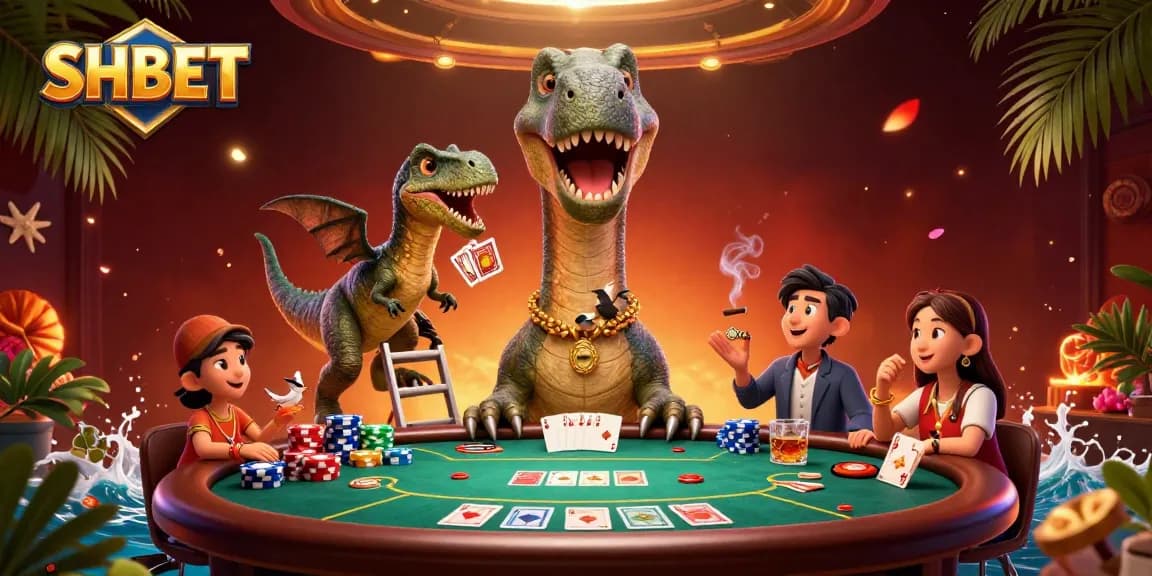 Experience SHBET's unique casino atmosphere with a giant dinosaur and raptor dealer at a poker table.