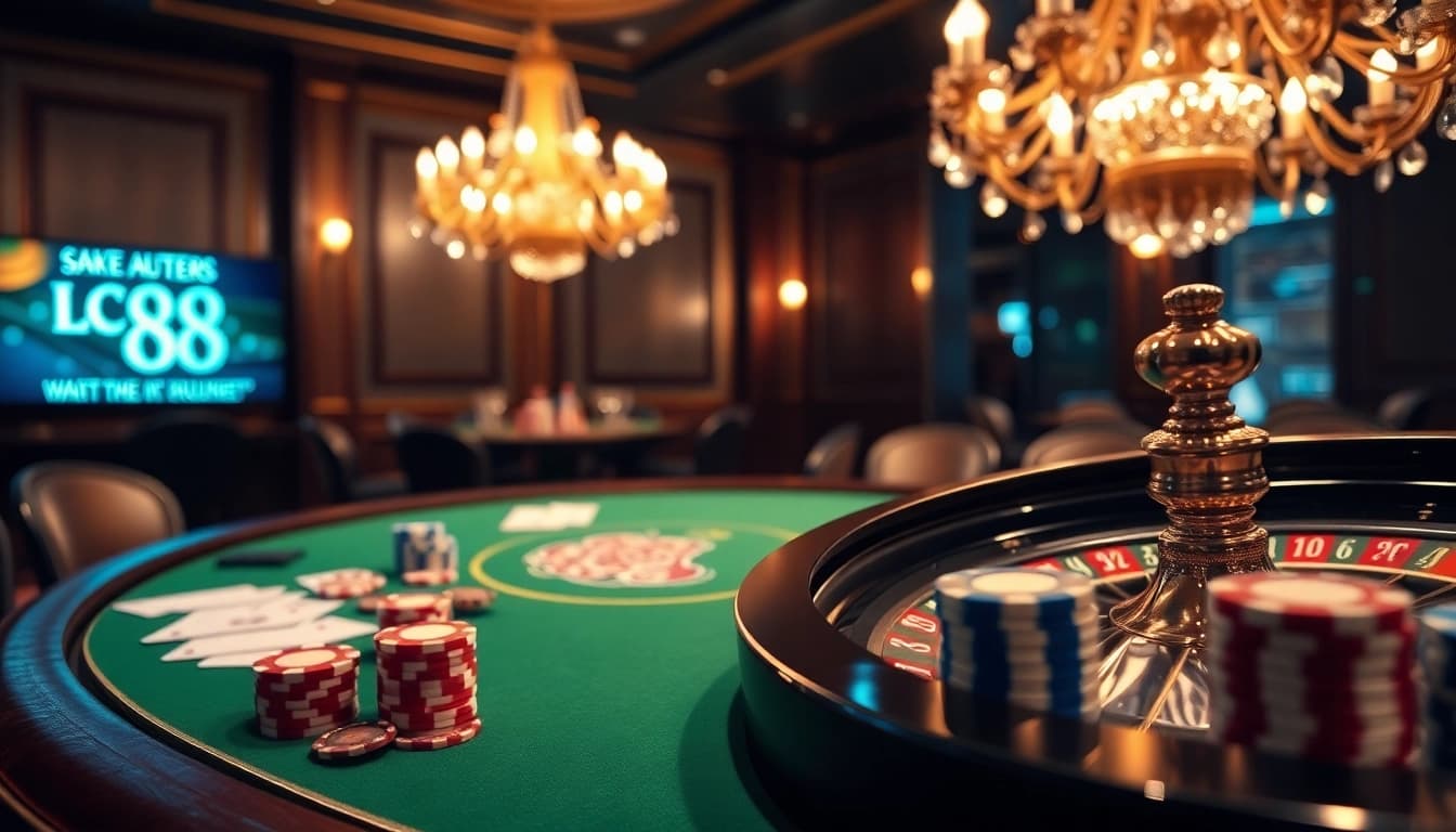 High-stakes poker action at LC 88 casino featuring vibrant chips and cards.