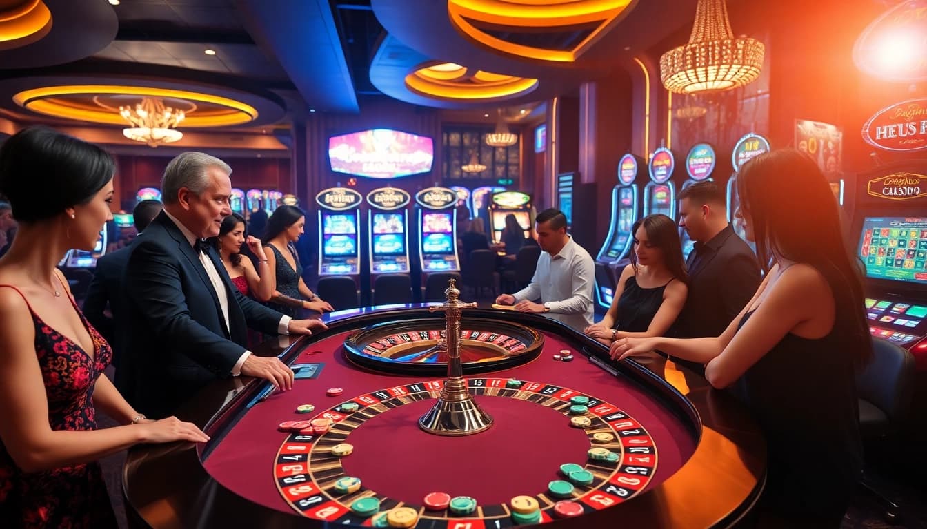 Exciting casino scene featuring a roulette table and slot machines from https://13win.reviews/ with players engaged in thrilling gaming.