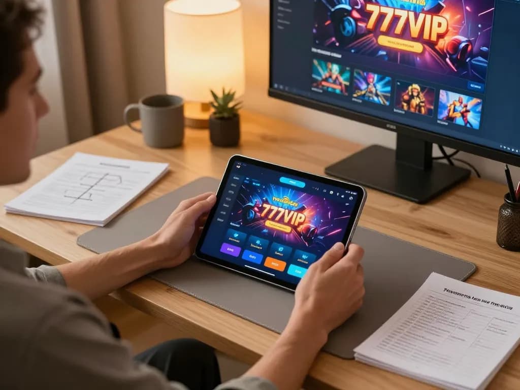 Player engaging with the 777VIP app on a tablet, showcasing a responsible gaming setup that highlights strategic planning.