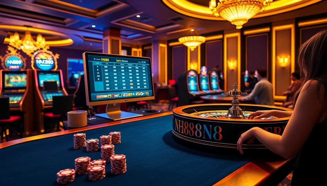 Players enjoying the excitement of online gambling at NH88 with luxurious tables and vibrant slot machines.