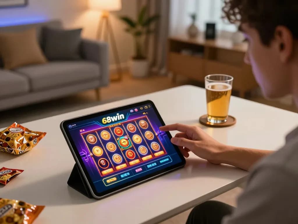 Engaging with the 68win casino app on a tablet in a cozy home setup, showcasing responsible gaming.