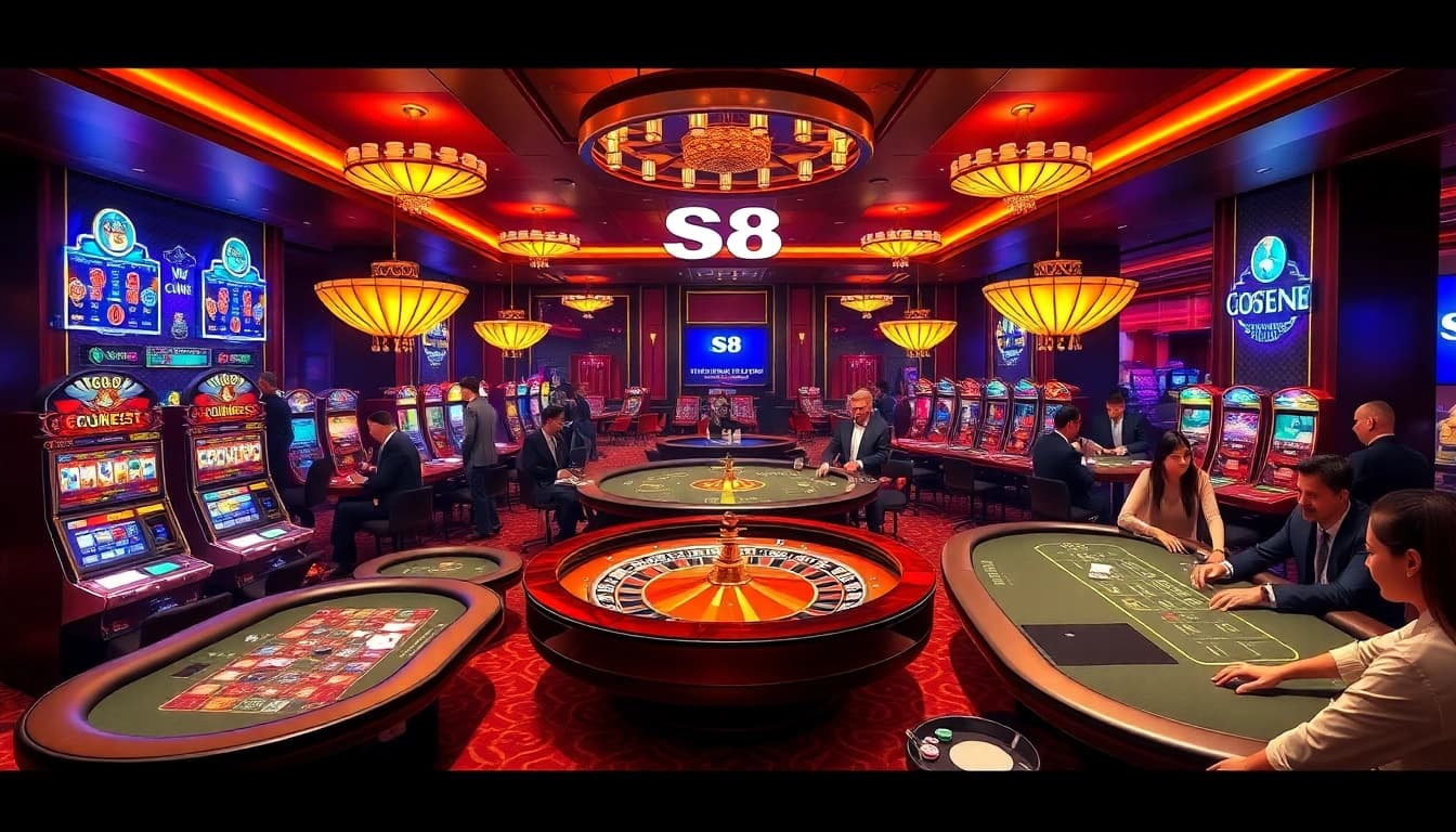 S8 casino scene showcasing high-stakes poker and vibrant slot machines in a luxurious setting.