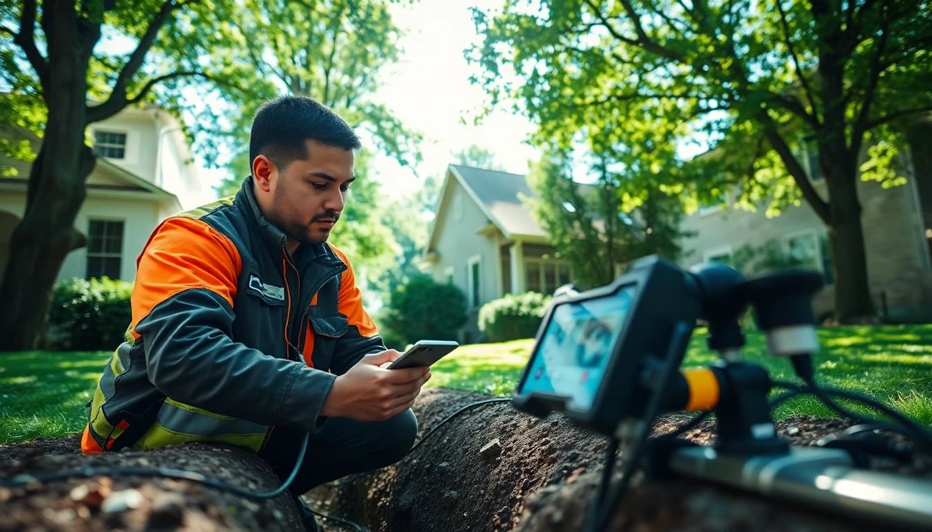 Technician conducting Underground Leak Detection with specialized equipment outdoors.