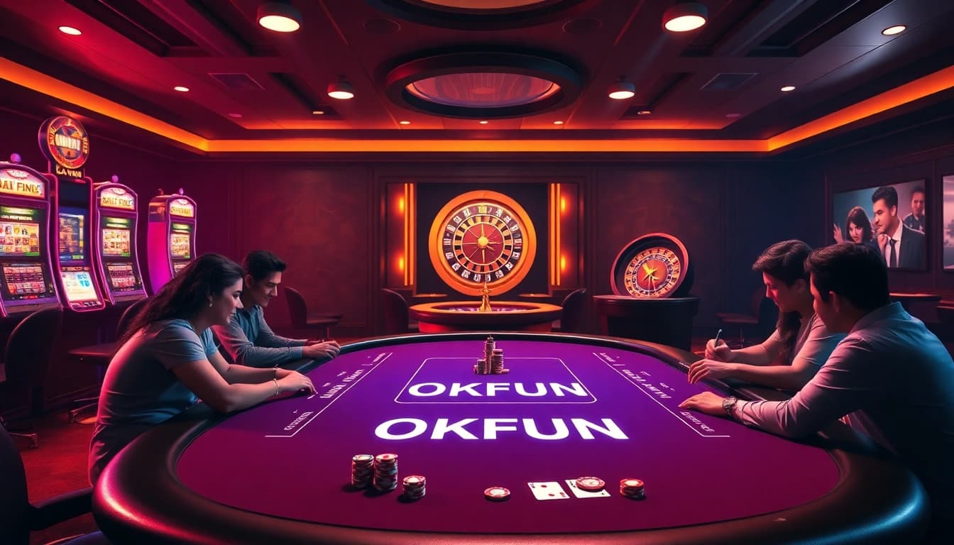 Players enjoying a thrilling poker game at OKFUN, featuring vibrant slot machines and engaging betting interfaces.