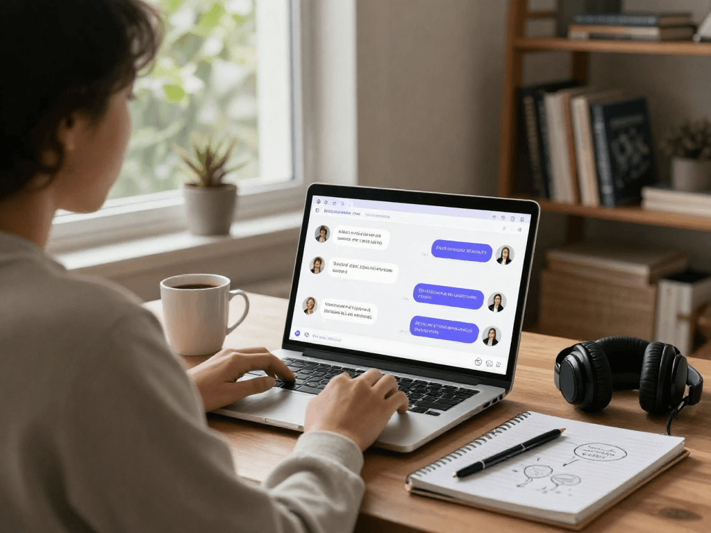 A person enjoying a porn AI chat session in a cozy home office with a laptop, coffee, and a notepad.
