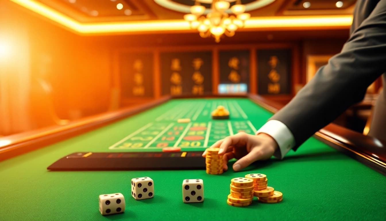 Engaging players at a Tài Xỉu MD5 gaming table filled with vibrant dice and casino chips.