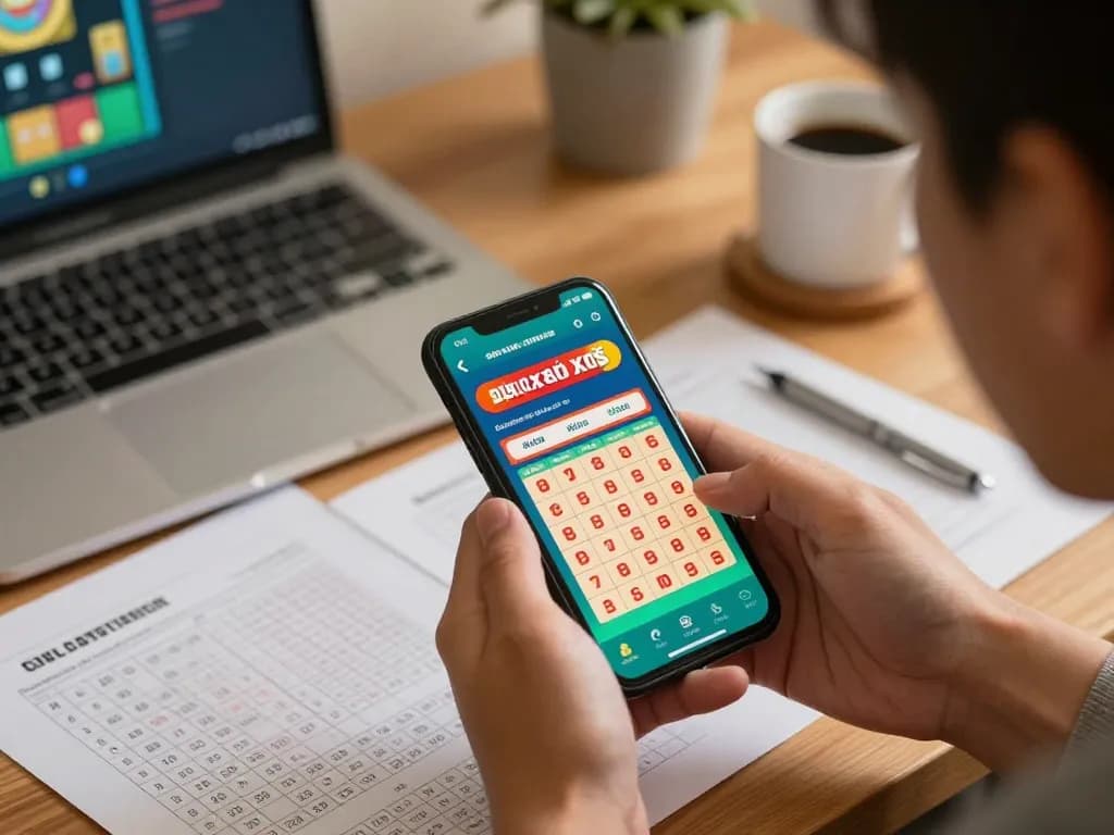 Soi cầu xổ số app viewed on smartphone during an engaged online lottery gaming session from a home workspace.