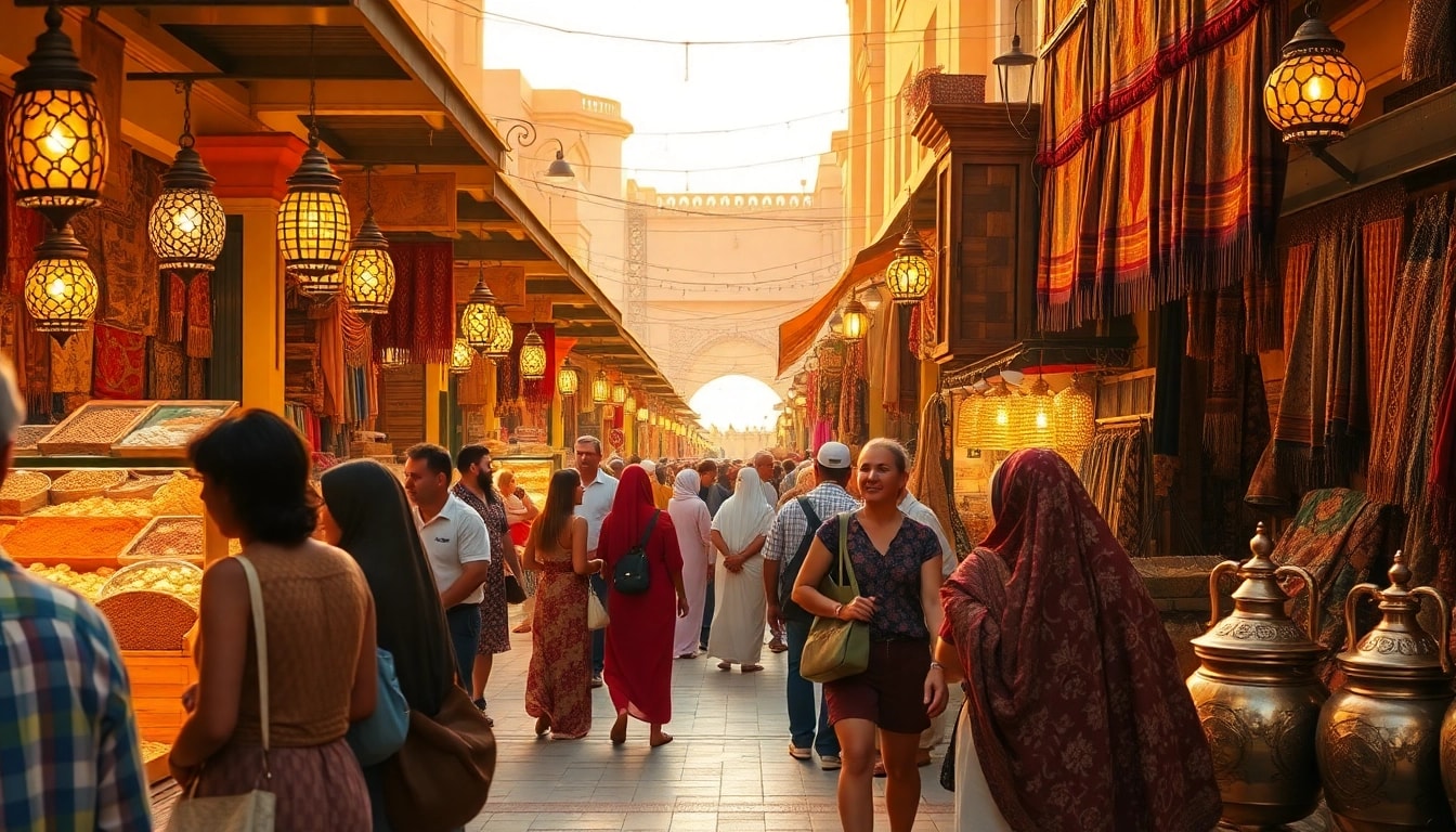 Travel to Dubai: Tourists exploring a colorful marketplace rich in spices, fabrics, and cultural artifacts.