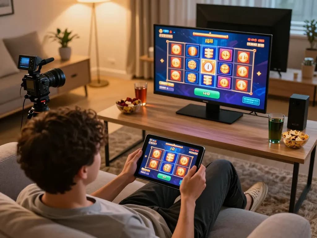 Player enjoying online slots on tg88 tablet in a cozy home environment.