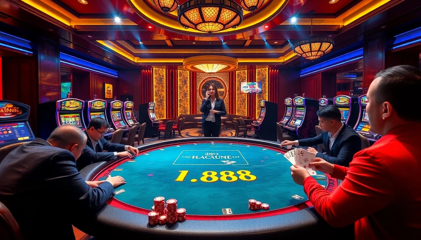 Place your bets and enjoy the excitement of BJ888 at a luxurious casino table with vibrant chips and cards.