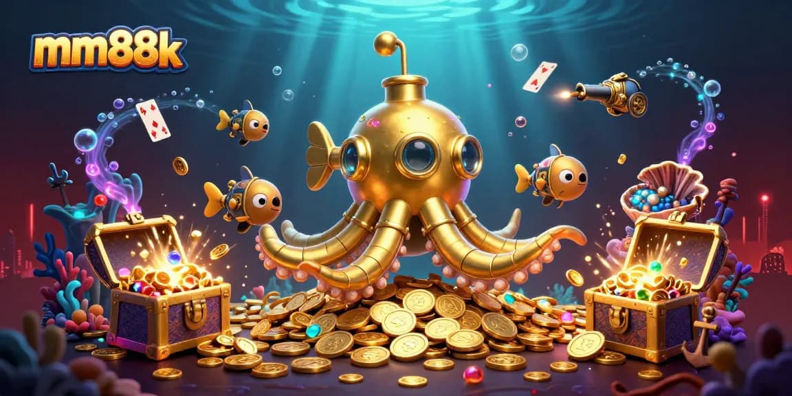 Experience the adventure of mm88k with a golden kraken submarine and mechanical fish amidst treasure and games.
