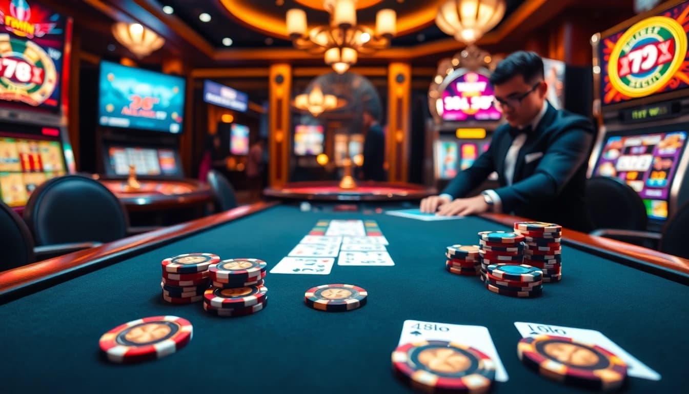 Casinoscape featuring action-packed gambling at https://78win.school/ with poker tables, roulette, and vibrant slot machines.