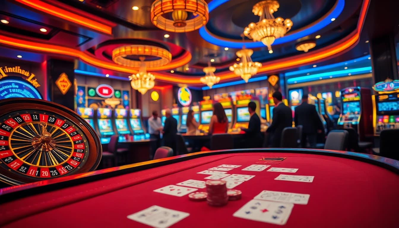 Captivating scene of casino gaming focused on soi cầu lô kép with vibrant roulette and poker elements.