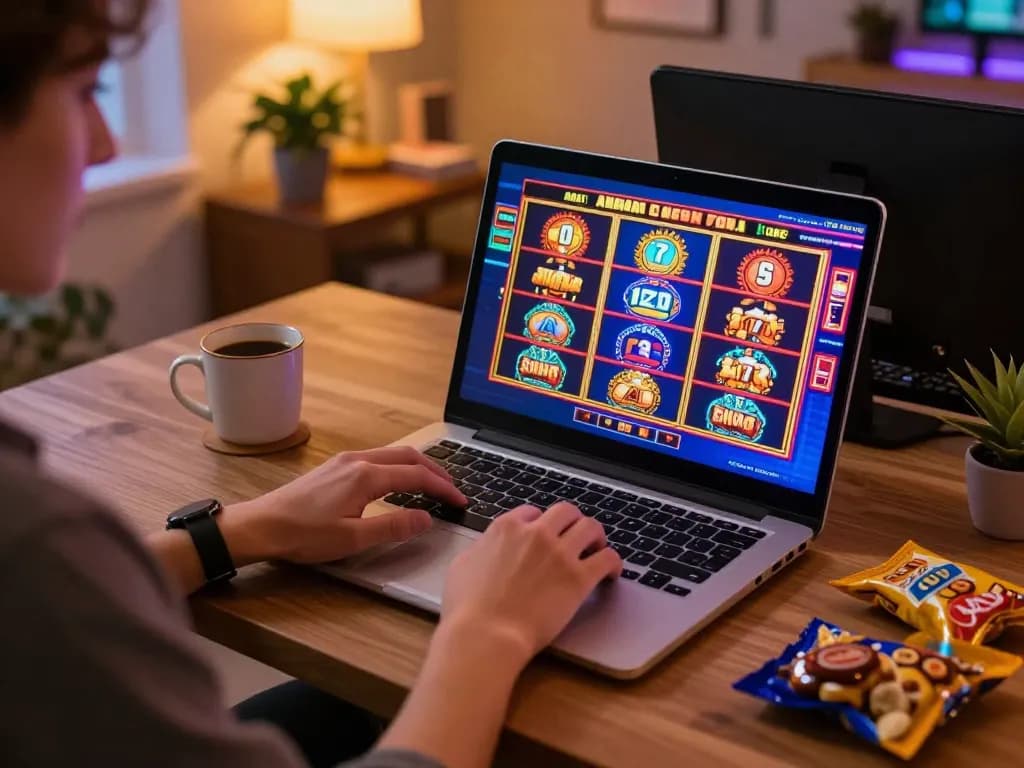 Person enjoying online gaming at Nhà cái Luck8, showcasing a lively slot machine interface.