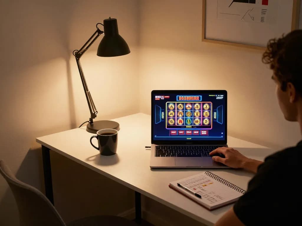 TG88 gaming experience with a focused player engaging in online slots at home, showcasing strategy and enjoyment.