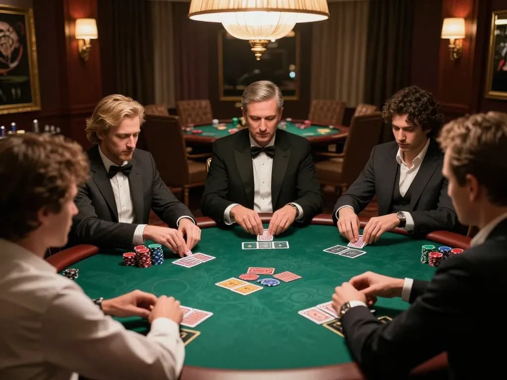 gfly88 players engaging intensely in a high-stakes poker game at an elegant casino table