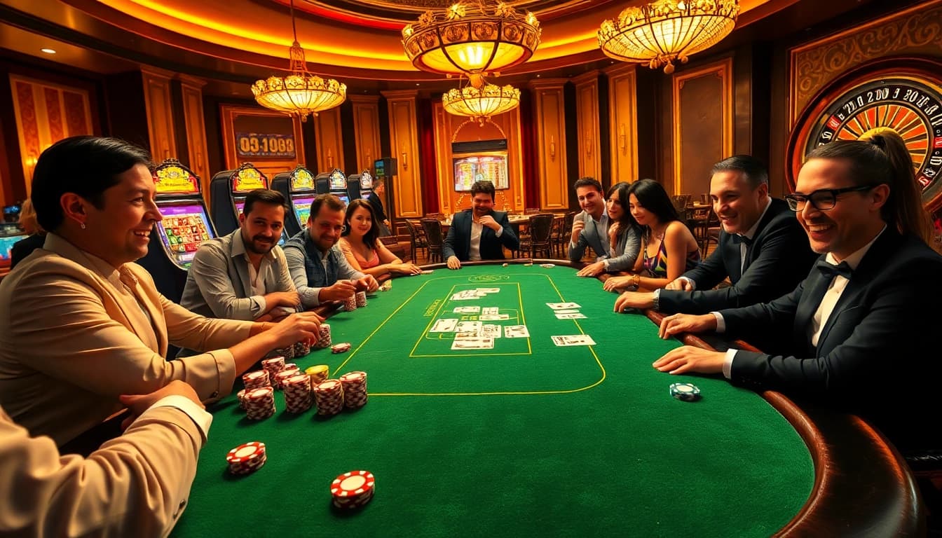 Excited players strategize over the high-stakes j88 poker table, illuminated by luxurious casino lights.