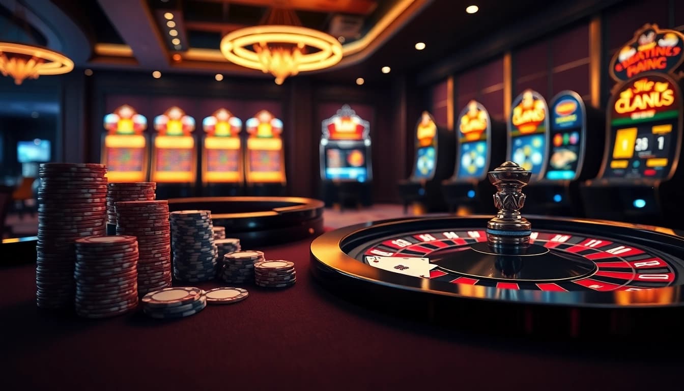 Exciting online gambling scene at https://five88v.net with poker chips, cards, and roulette.