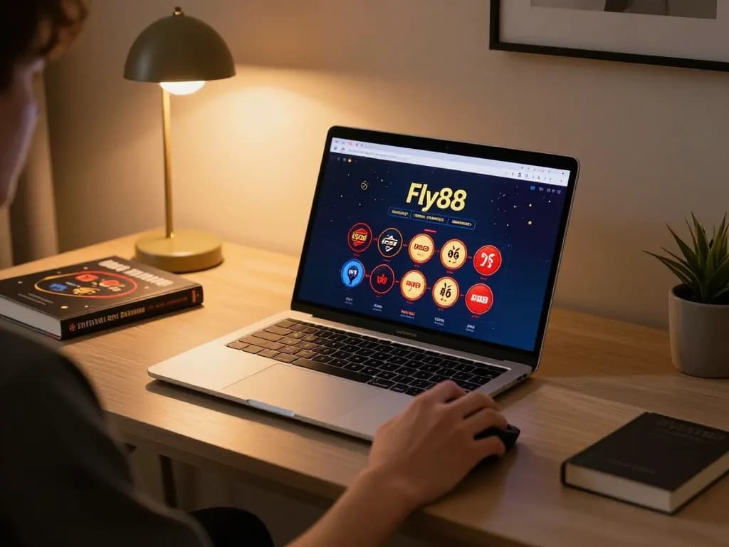 Fly88 player engaging in strategic online casino gaming with laptop setup at home.
