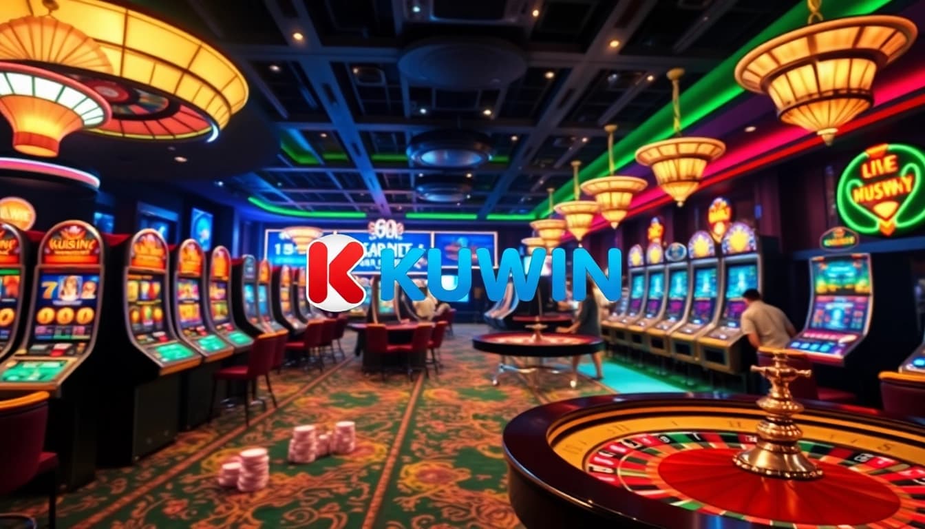 Engaging KUWIN online gambling scene with vibrant casino tables and exciting game elements.