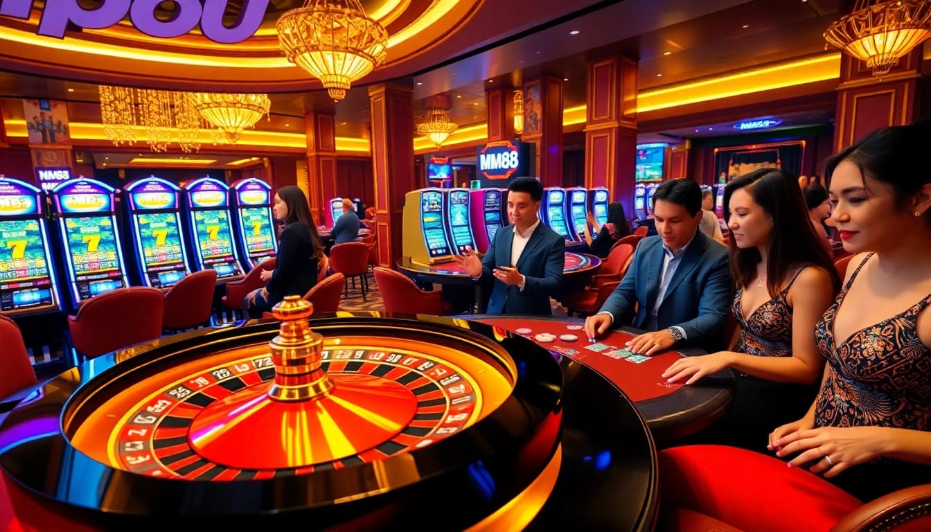 Players engage with MM88 casino games, showcasing excitement and luxury in gambling.