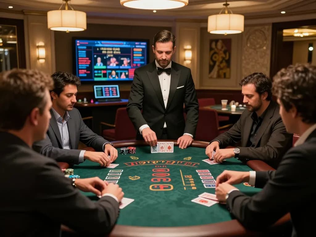 Vmax88 players enjoying blackjack at a stylish casino table, highlighting the exciting action on https://vmax88vip.com/.