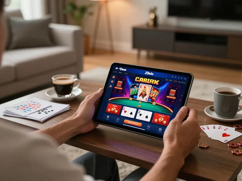 Engaging with 23win online casino on a tablet in a cozy living room setting.