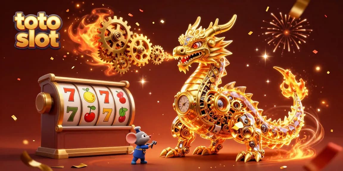 Engage with toto slot action as a golden dragon breathes gears, surrounded by vibrant game elements.