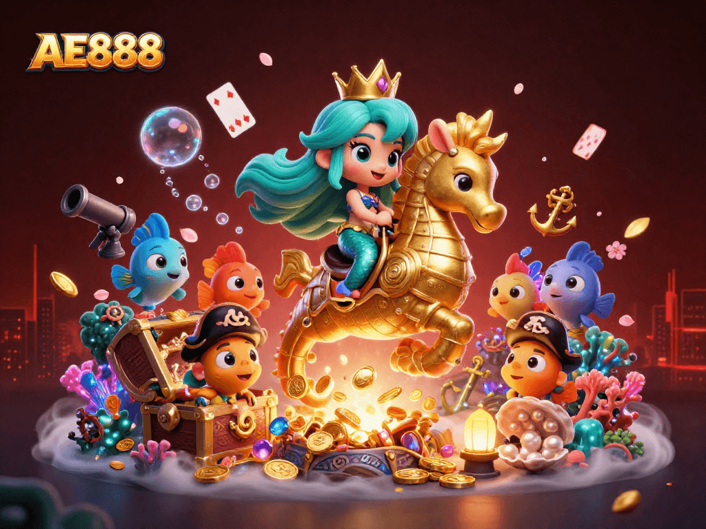 Experience the excitement of AE888 with a vibrant underwater casino scene featuring a mermaid princess.