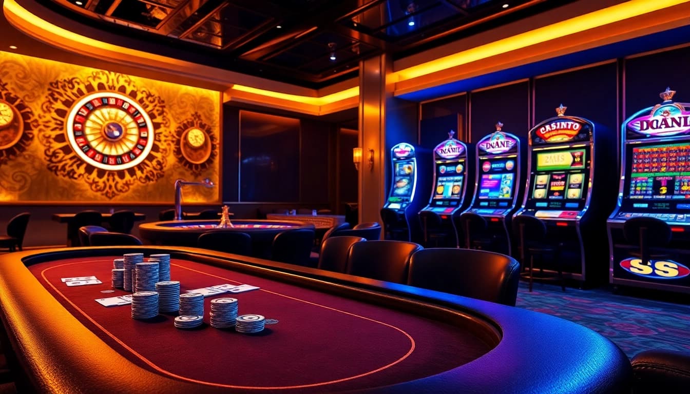 S8 casino scene showcasing luxurious poker, roulette, and slot elements in vibrant ambiance.