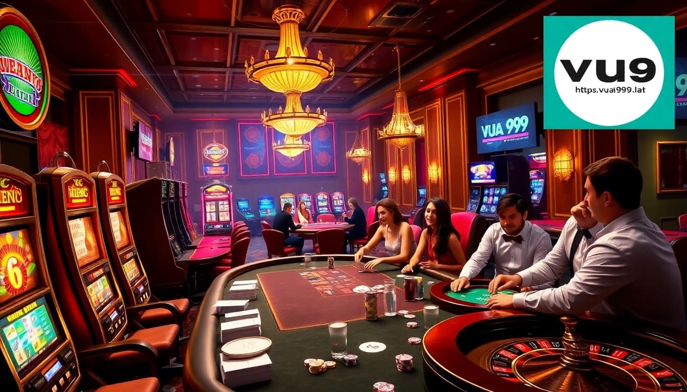 Experience thrilling gameplay at https://vua99.lat/ with vibrant casino visuals featuring spinning slot machines and poker chips.