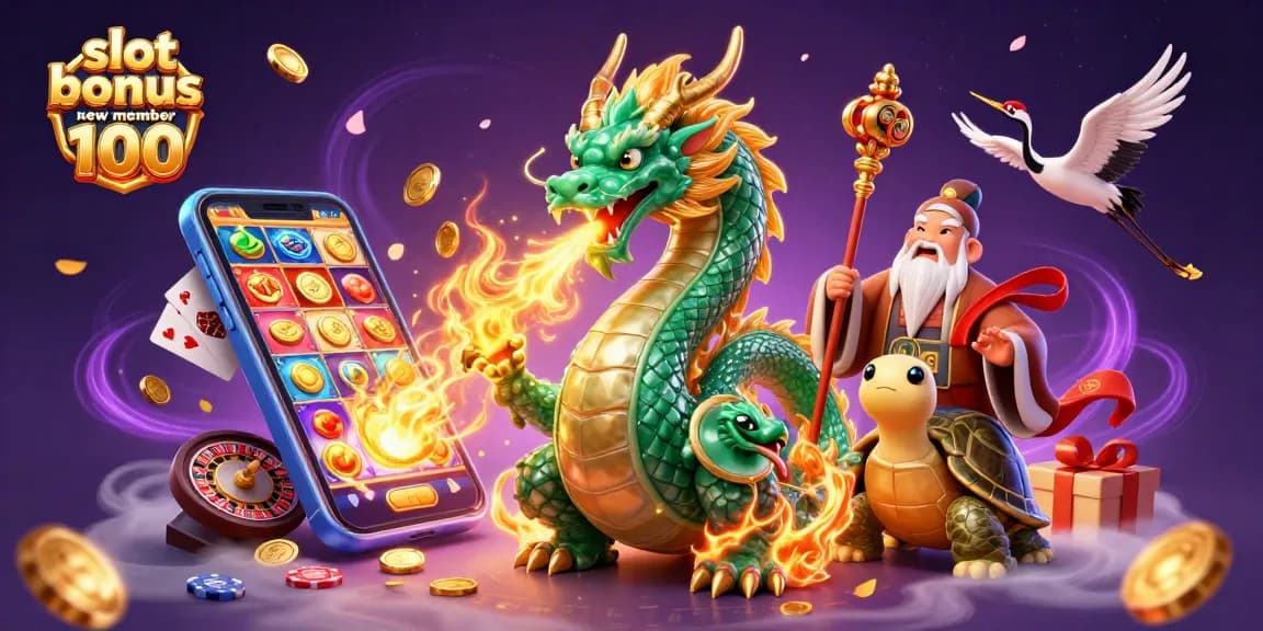 Menangkan slot bonus new member 100 dengan dragon zamrud dan simbol keberuntungan.