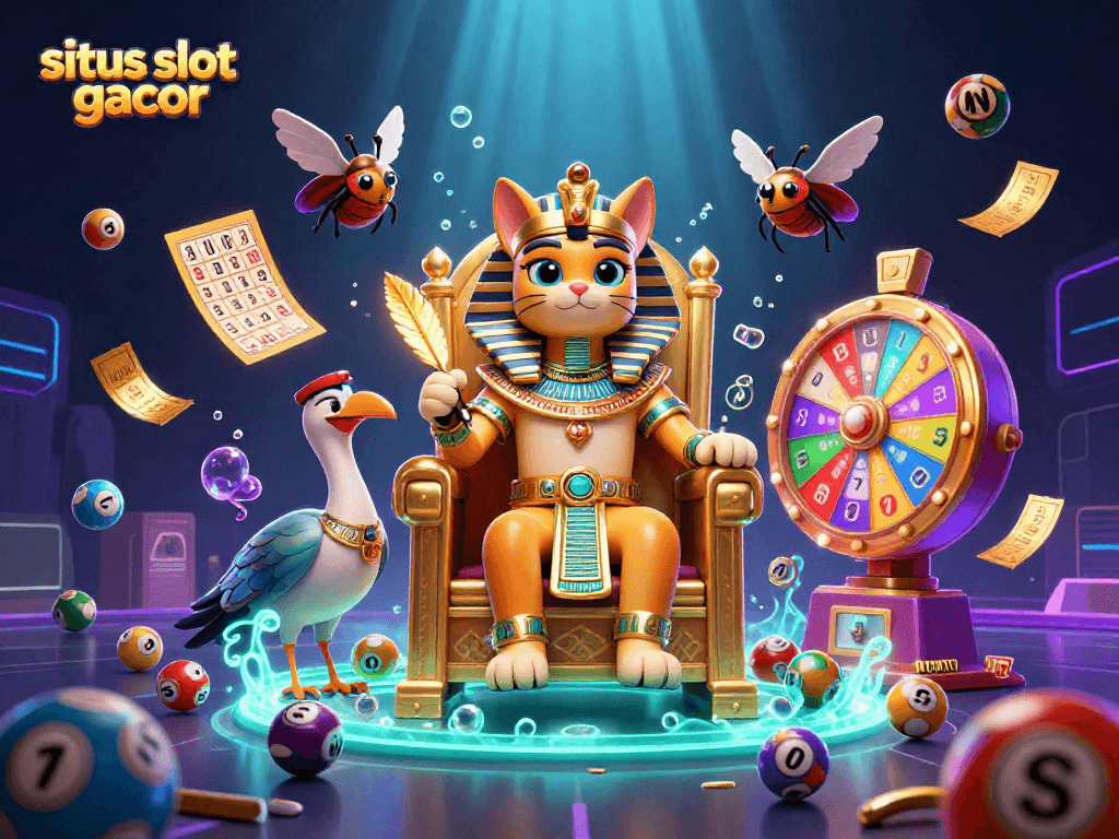 Experience thrilling gameplay at situs slot gacor with vibrant lottery elements and pharaoh cat companions.
