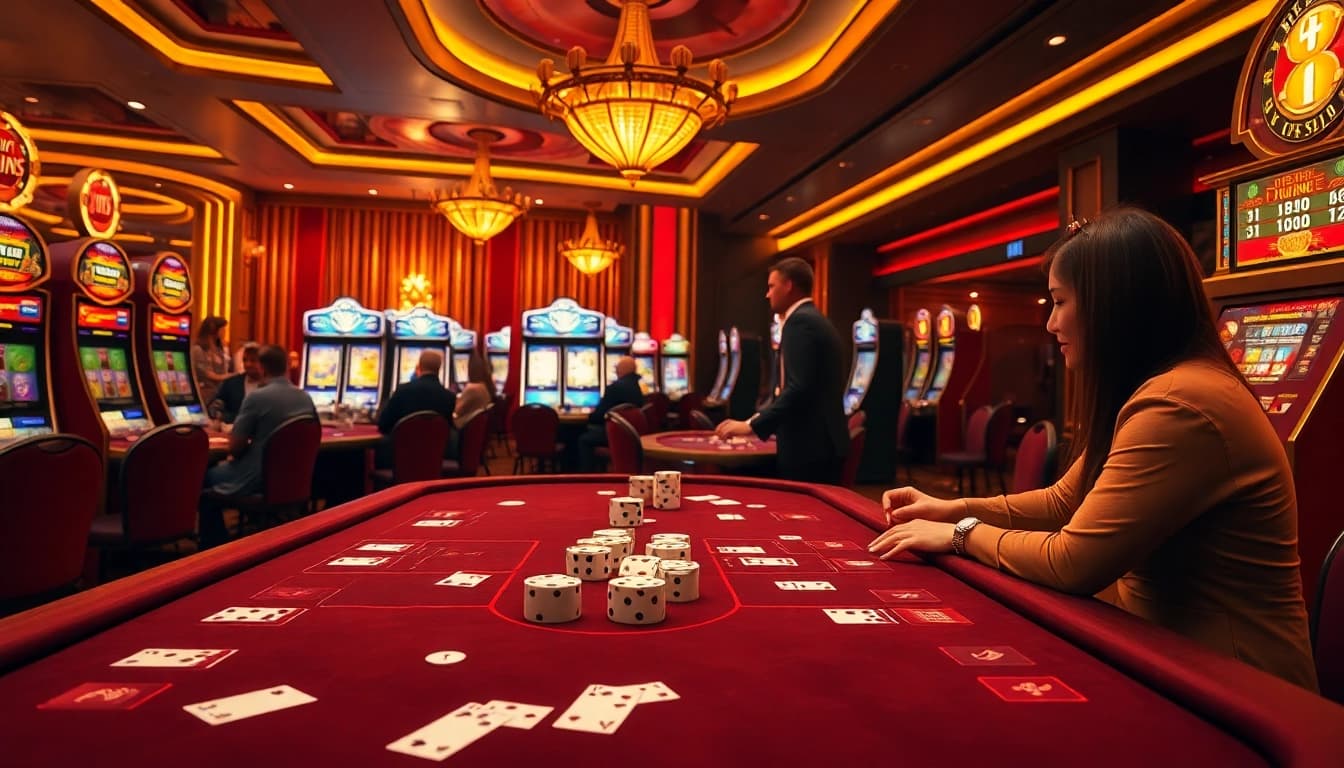 Engaged gamblers enjoying a Bet88 online casino experience with vibrant slot machines and elegant table games.