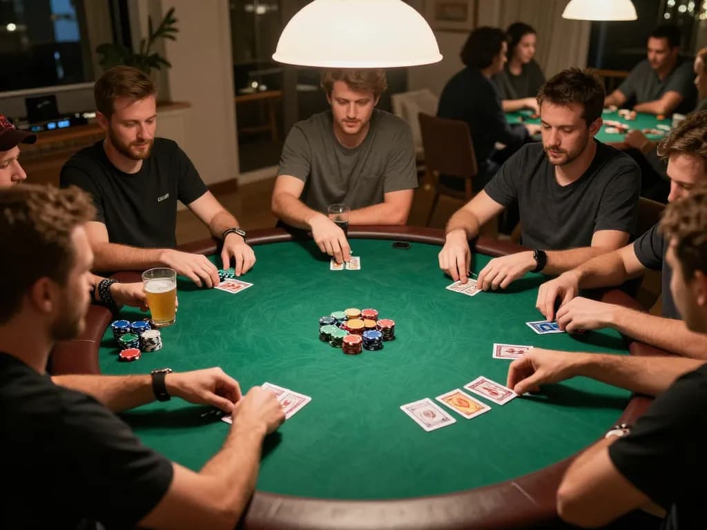 Players are engaged in an exciting game bài đổi thưởng at a round poker table during a friendly home gathering.