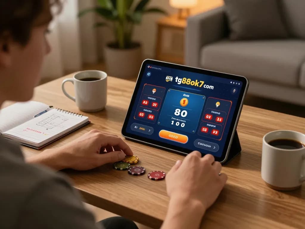Engaging in live dealer gaming on tg88ok7 com from home, showcasing online interaction.