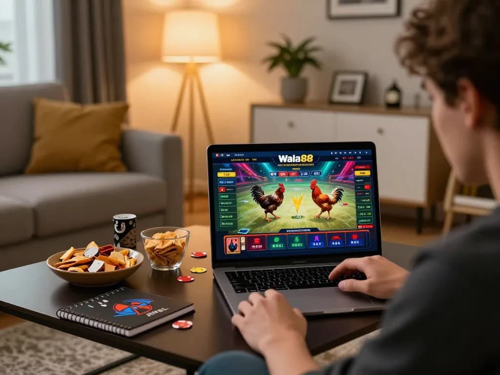 WALA88 user placing bets while enjoying live streaming chicken fights at home.