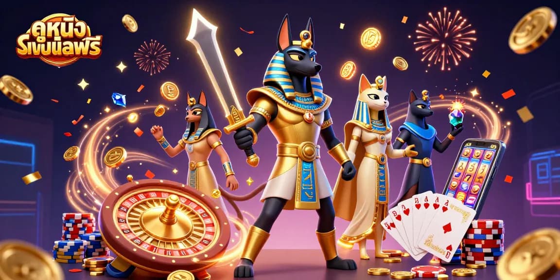 Experience ดูหนังออนไลน์ฟรี with dynamic characters and cascading casino elements in this vibrant digital art.