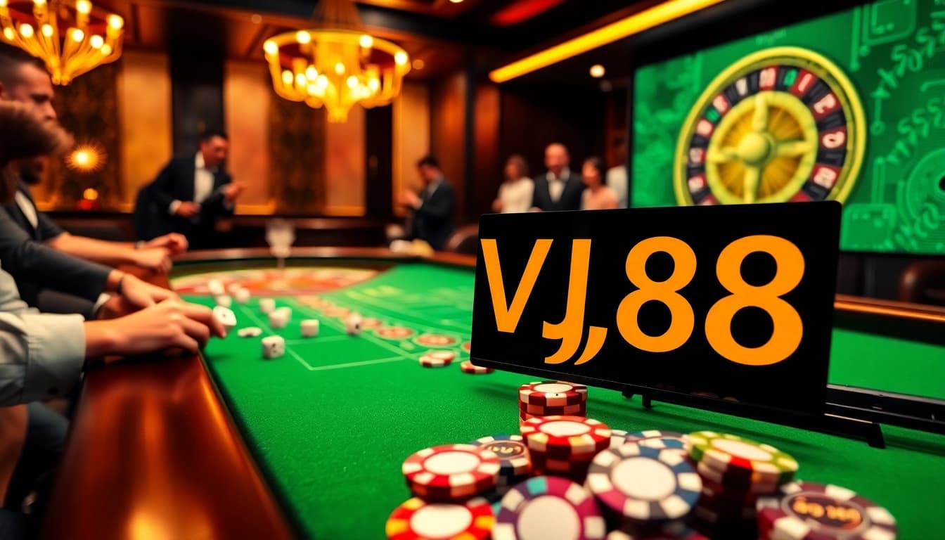 VJ88 casino scene showcasing exciting gameplay with dice rolling and poker chips.