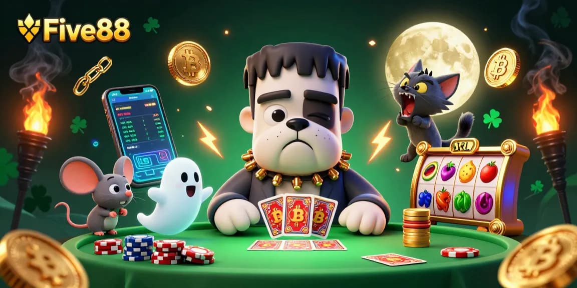 Five88 gaming illustration featuring a Frankenstein bulldog monster and a werewolf kitten at a lively casino table.