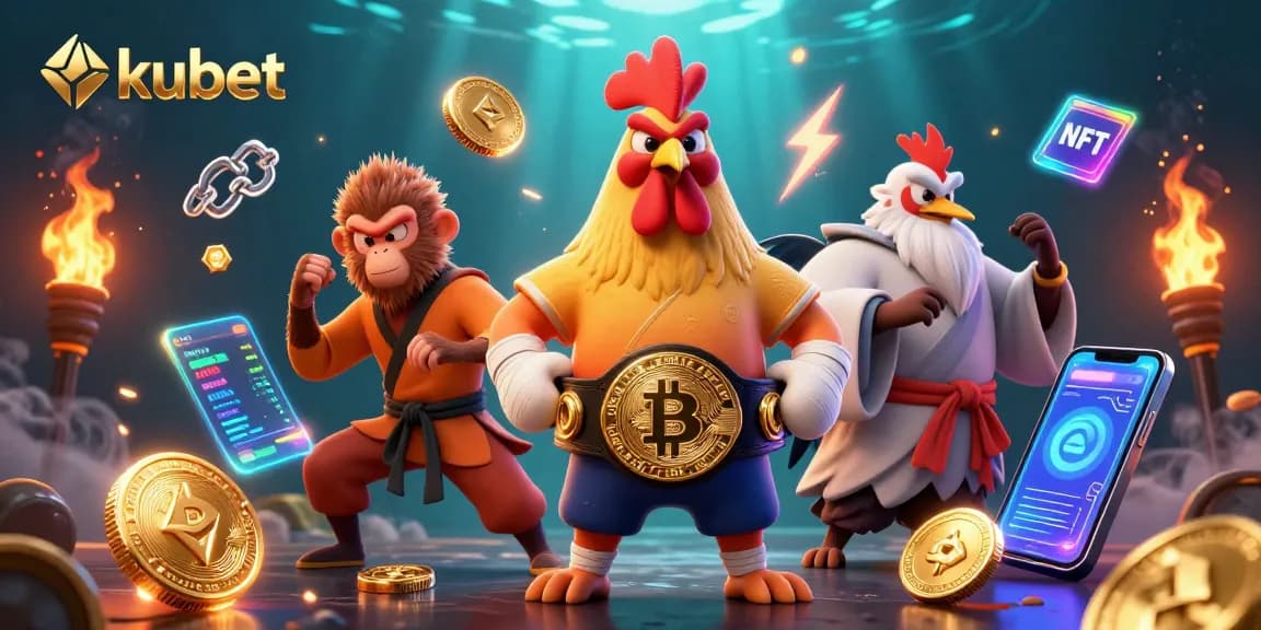 Experience thrilling kubet action with vibrant crypto-themed characters, symbols, and gaming elements.