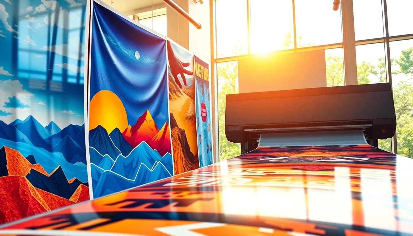 Create stunning poster printing designs in a bright art gallery setting emphasizing vibrant colors.