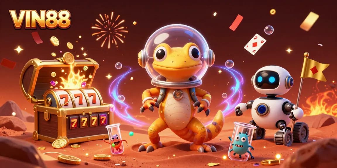 Engage with VIN88 in this vibrant Martian casino illustration showcasing unique gaming elements.